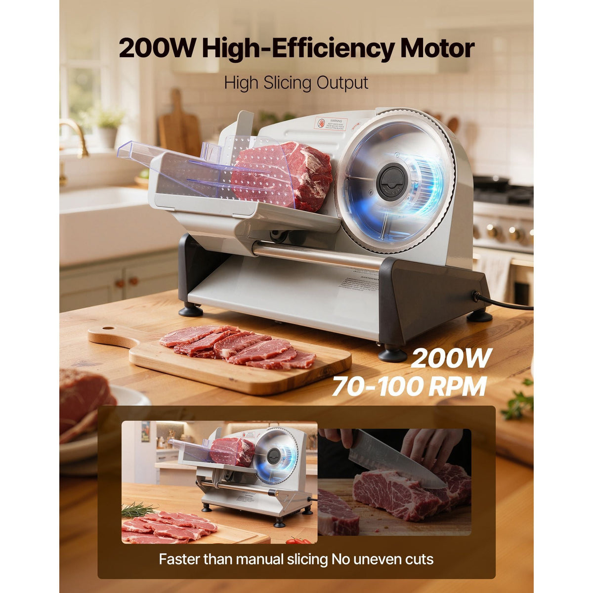 Meat Slicer, 7.5 inch 200W Electric Deli Slicer Machine with SUS420 Blade, 0-0.6 inch Adjustable Thickness, ETL Certified Home Food-Slicer for Meat, Ham, Baguett, Steak