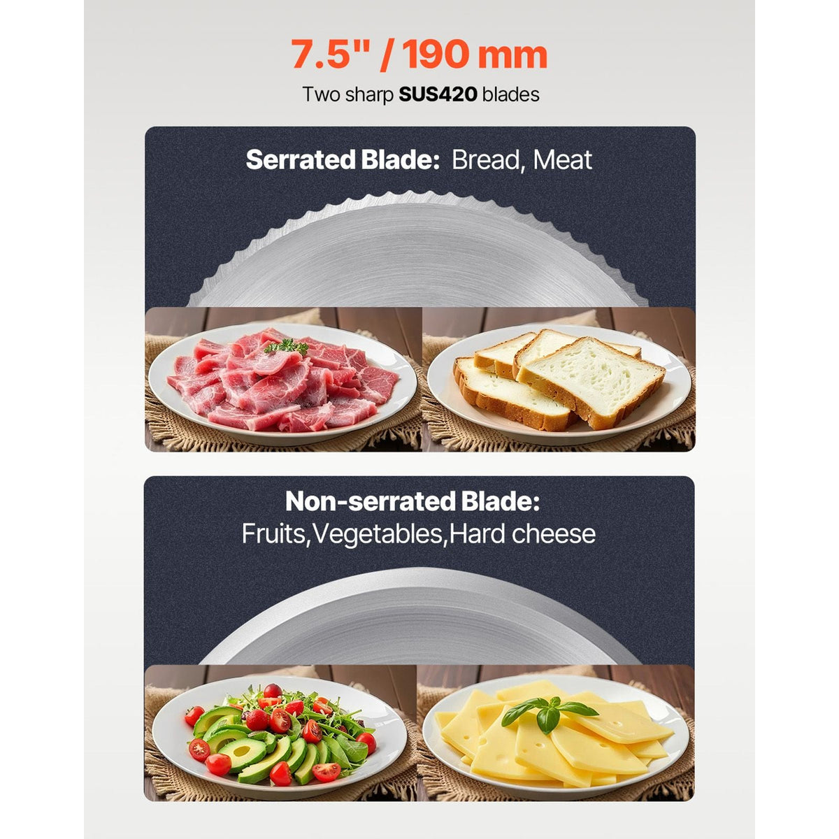 Meat Slicer, 7.5 inch Electric Deli Food Slicer, 180W Meat Cutter with two Premium SUS420 Blades, 0-0.6 inch Adjustable Thickness, Food Slicer Machine for Meat, Hard Bread and Cheese, Home Use
