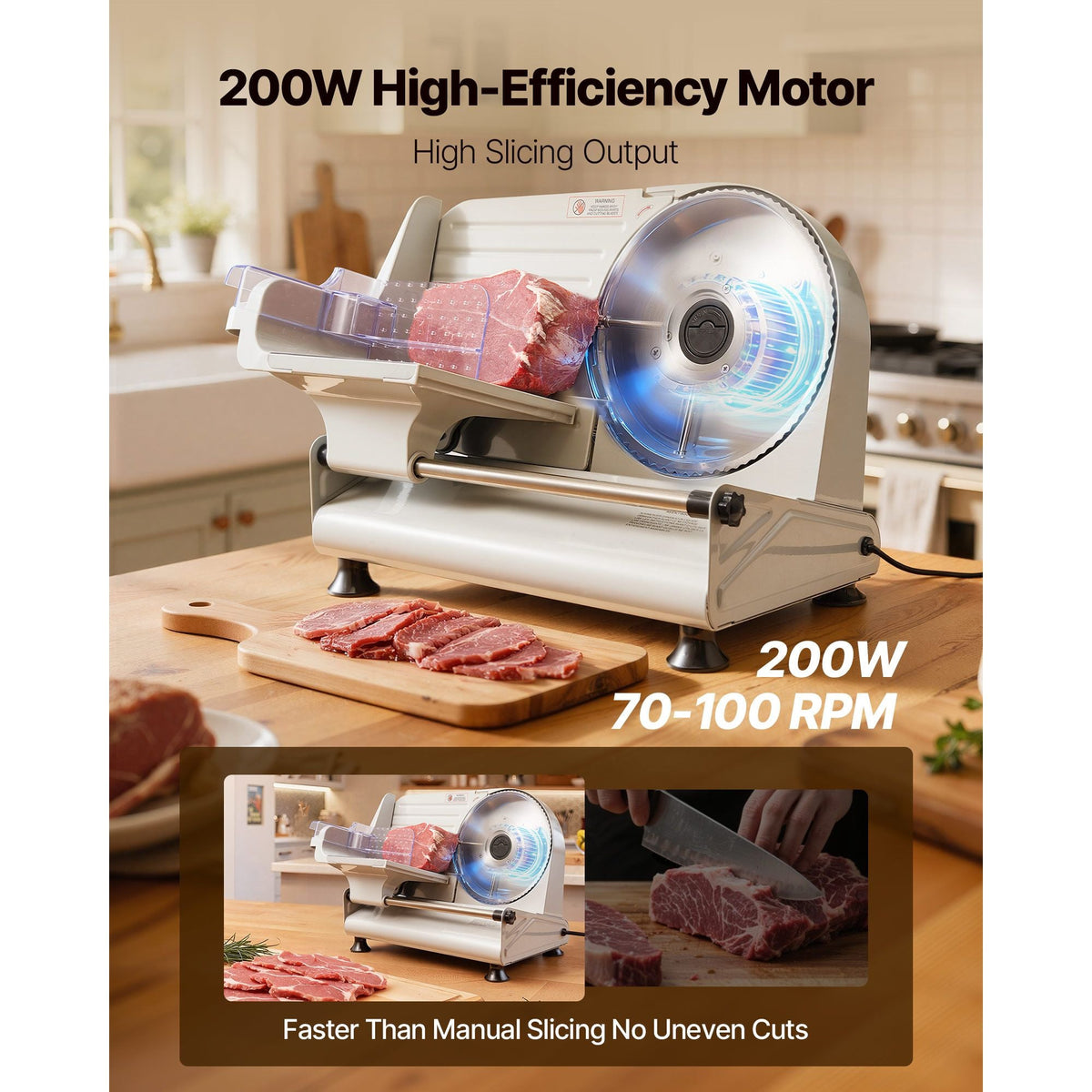 Meat Slicer, 8.6 inch 200W Electric Deli Slicer Machine with two SUS420 Blade, 0-0.6 inch Adjustable Thickness, ETL Certified Home Food-Slicer for Meat, Ham, Baguett, Steak