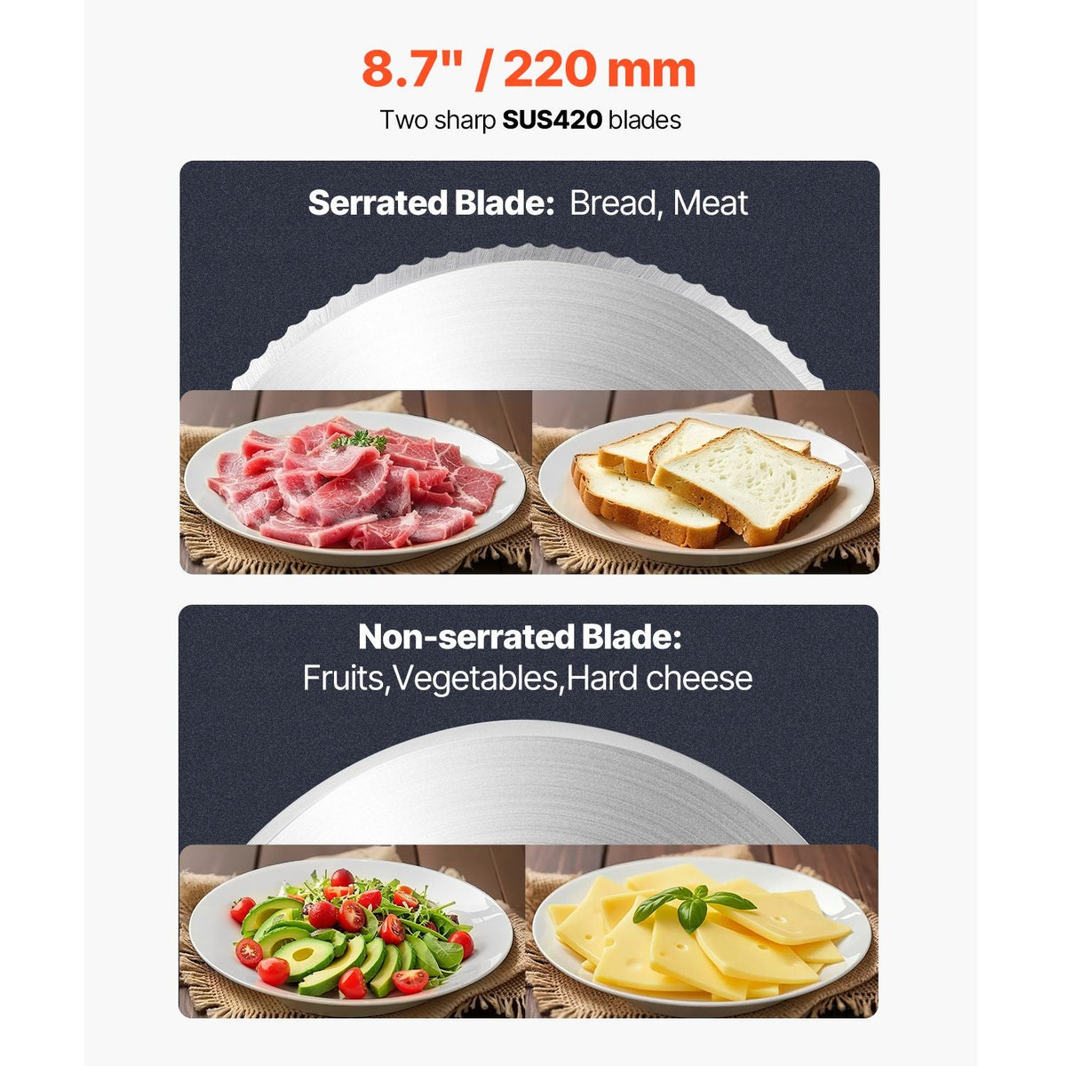 Meat Slicer, 8.7 inch Electric Deli Food Slicer, 180W Meat Cutter with Two Premium SUS420 Blades, 0-0.6 inch Adjustable Thickness, Food Slicer Machine for Meat, Hard Bread and Cheese, Home Use