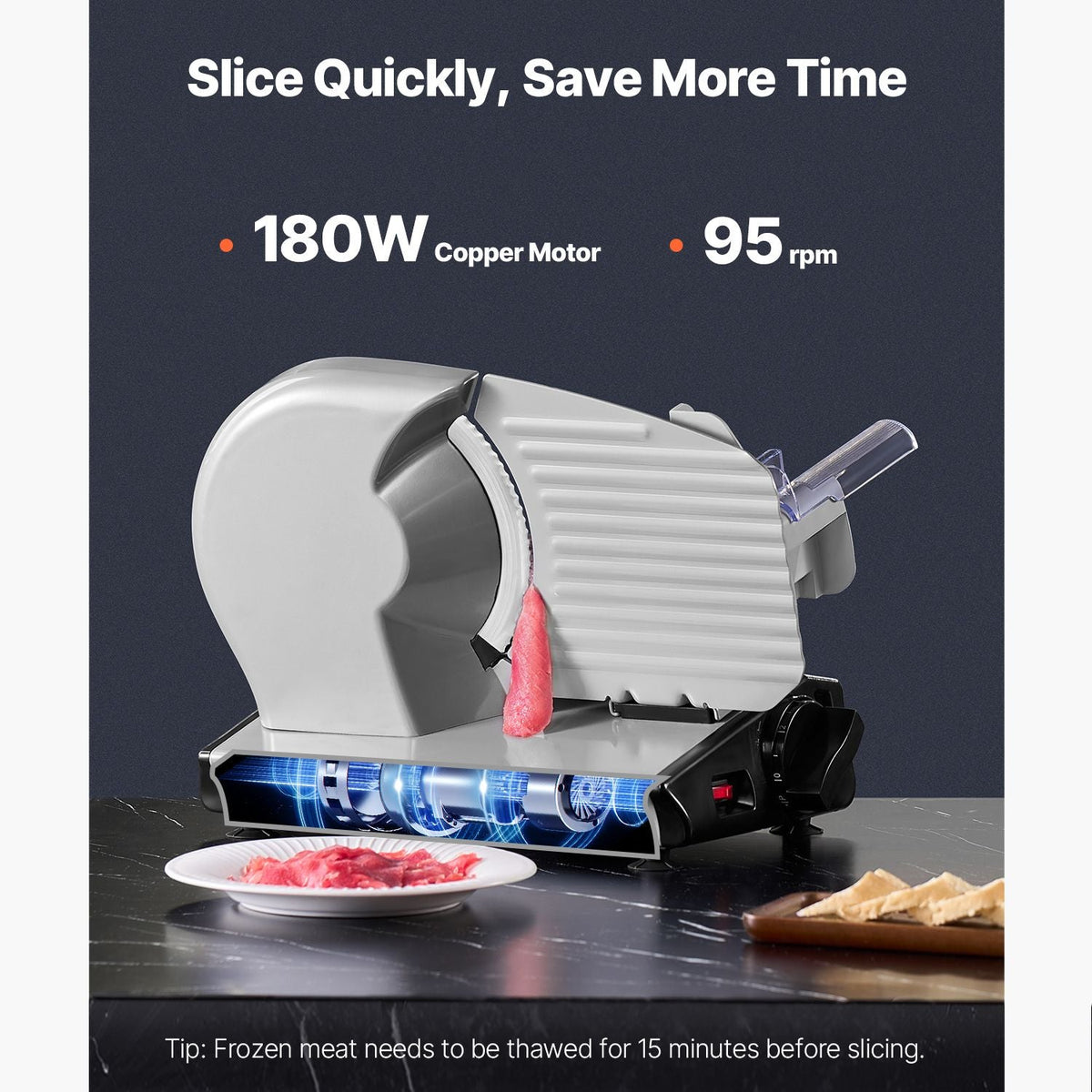 Meat Slicer, 8.7 inch Electric Deli Food Slicer, 180W Meat Cutter with Two Premium SUS420 Blades, 0-0.6 inch Adjustable Thickness, Food Slicer Machine for Meat, Hard Bread and Cheese, Home Use