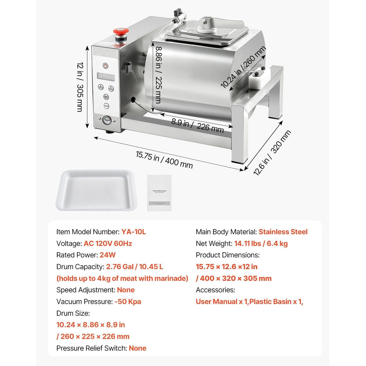 Meat Tumbler Marinator, 10L Vacuum Tumbler Marinating Machine with Automatic Bidirectional Rotation, Stainless Steel Vacuum Curing Machine for Chicken Steak Pork, Home & Commercial Use