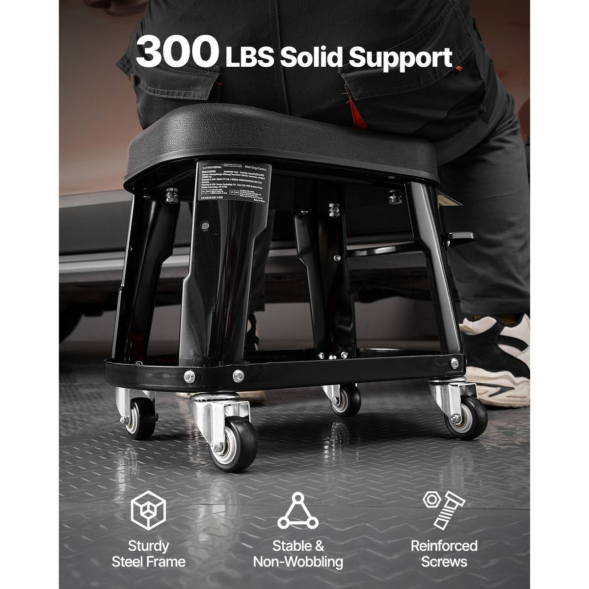 Mechanic Stool, 300 lbs Capacity Garage Seat/Work Stool with Wheels, 360° Swivel Rolling Workshop Stool with Tool Tray and Screwdriver Rack, Heavy-Duty, for Garage, Shop & Auto Repair, Black