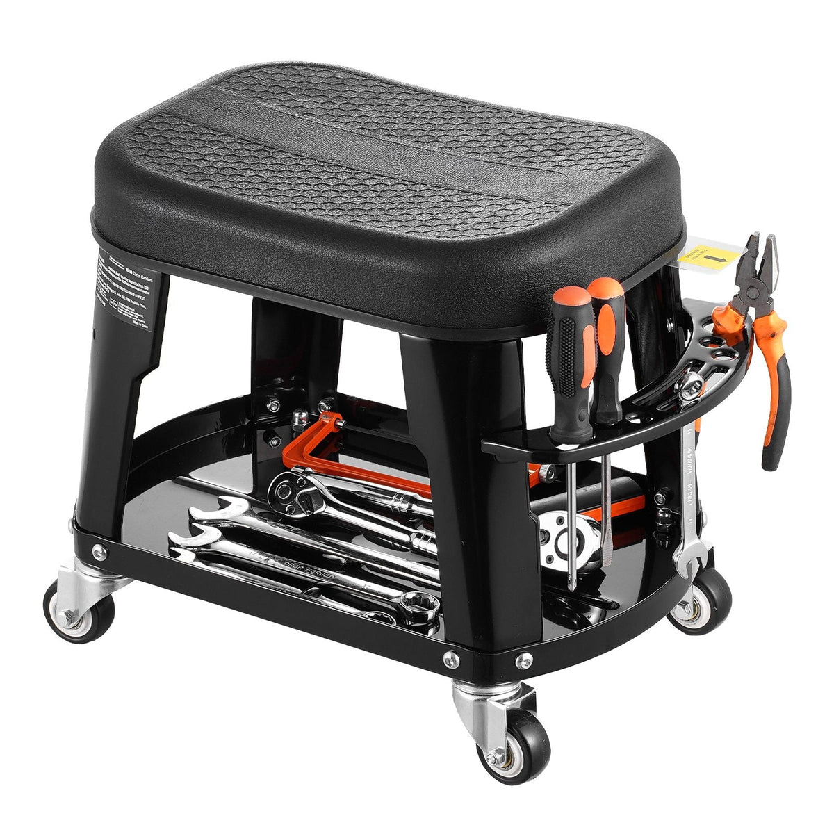 Mechanic Stool, 300 lbs Capacity Garage Seat/Work Stool with Wheels, 360° Swivel Rolling Workshop Stool with Tool Tray and Screwdriver Rack, Heavy-Duty, for Garage, Shop & Auto Repair, Black