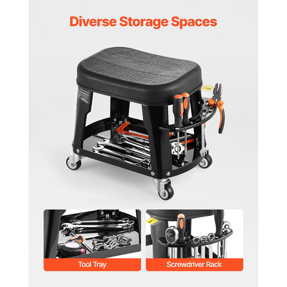 Mechanic Stool, 300 lbs Capacity Garage Seat/Work Stool with Wheels, 360° Swivel Rolling Workshop Stool with Tool Tray and Screwdriver Rack, Heavy-Duty, for Garage, Shop & Auto Repair, Black