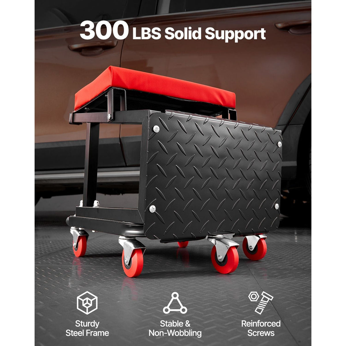Mechanic Stool, 300 lbs Capacity Garage Seat/Work Stool with Wheels, 360° Swivel Rolling Workshop Stool with Tool Tray, Mechanics Creeper Seat/Step Stool, for Garage, Shop & Auto Repair, Black