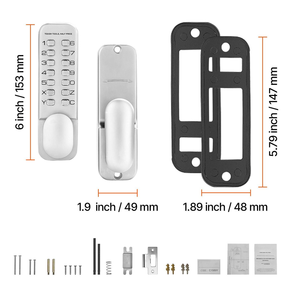 Mechanical Keyless Entry Door Lock, 14 Key Mechanical Door Lock, Mechanical Keypad Door Knob, Single-Side Stainless Steel Waterproof Keyless Gate Lock, for Home Office Outdoor Fence Garage Yard