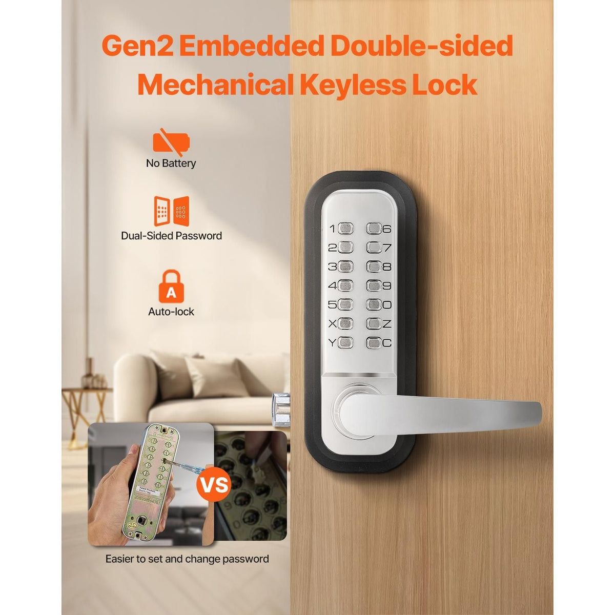 Mechanical Keyless Entry Door Lock, 14 Key Mechanical Door Lock, Mechanical Keypad Door Lock with Handle, Double-Sided Stainless Steel Waterproof Keyless Gate Lock, for Home Office Yard, Sliver