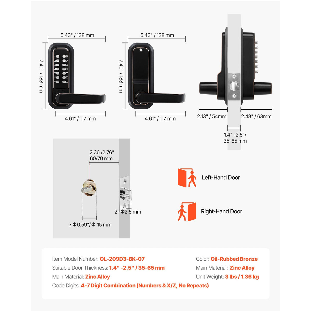 Mechanical Keyless Entry Door Lock, 2.0 Code Upgrade, 4-7 Digits Code, Single-Sided Push Button Combination Keypad Door Lock with Handle, Auto Locking, for Indoor or Outdoor, Oil-Rubbed Bronze