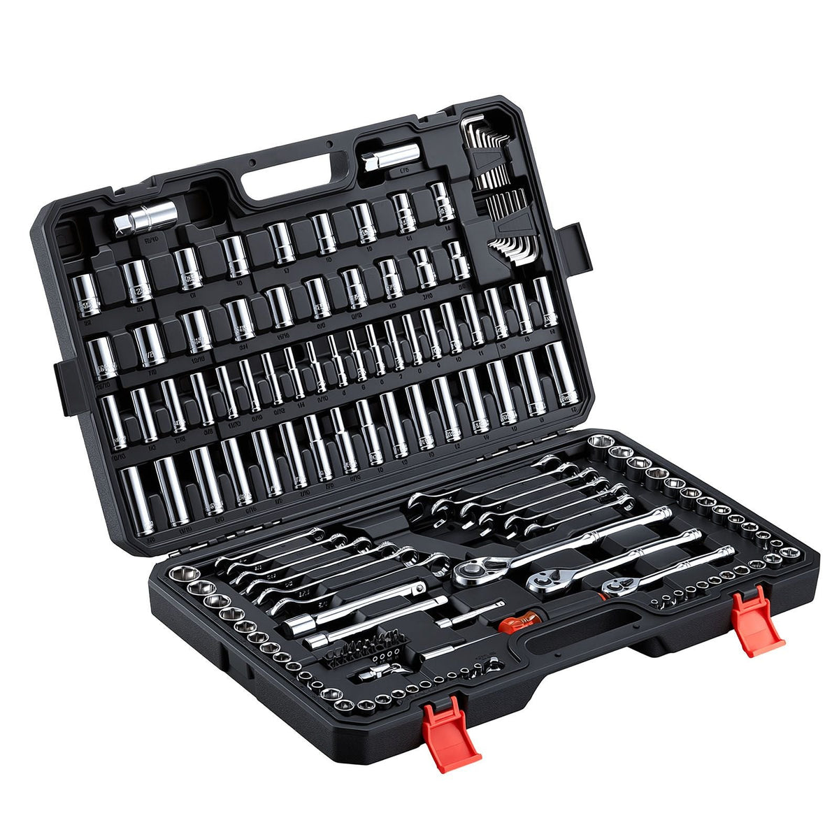 Mechanics Tool Set, 159-Piece Mechanic Tool Kit, 1/4 in, 3/8 in, and 1/2 in Drive, SAE and Metric Socket Set, Wrenches, Screwdriver Bits, Accessories, and Storage Case, for Automotive Repair