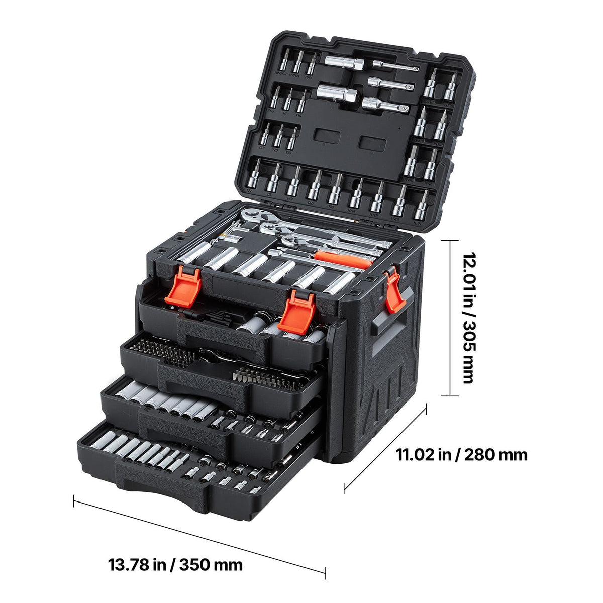 Mechanics Tool Set, 297-Piece Mechanic Tool Kit, 1/4 in, 3/8 in, and 1/2 in Drive, SAE and Metric Socket Set, Wrenches, Screwdriver Bits, Accessories, and Storage Case, for Automotive Repair