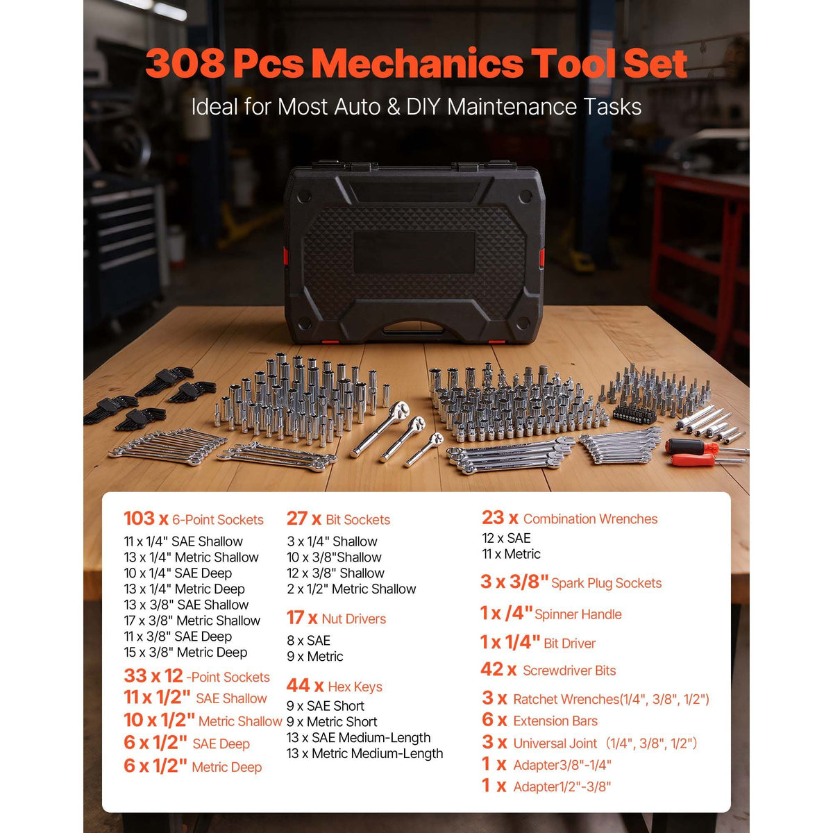 Mechanics Tool Set, 308-Piece Mechanic Tool Kit, 1/4 in, 3/8 in, and 1/2 in Drive, SAE and Metric Socket Set, Wrenches, Screwdriver Bits, Accessories, and Storage Case, for Automotive Repair