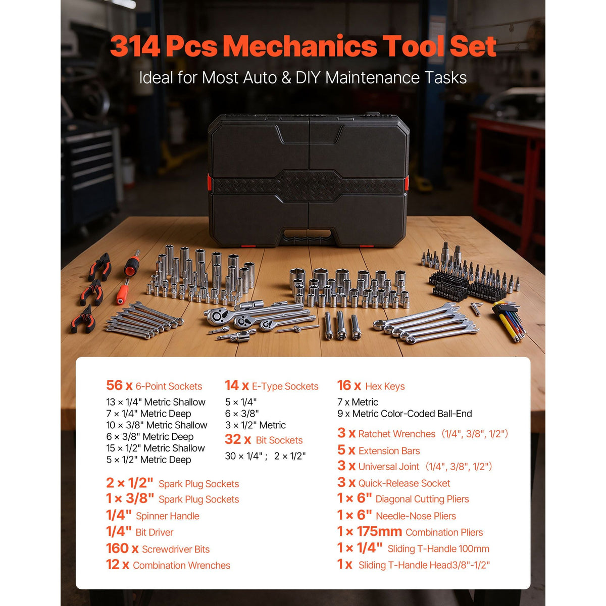 Mechanics Tool Set, 314-Piece Mechanic Tool Kit, 1/4 in, 3/8 in, and 1/2 in Drive, Metric Socket Set, Wrenches, Screwdriver Bits, Accessories, and Storage Case, for Automotive and Home Repair