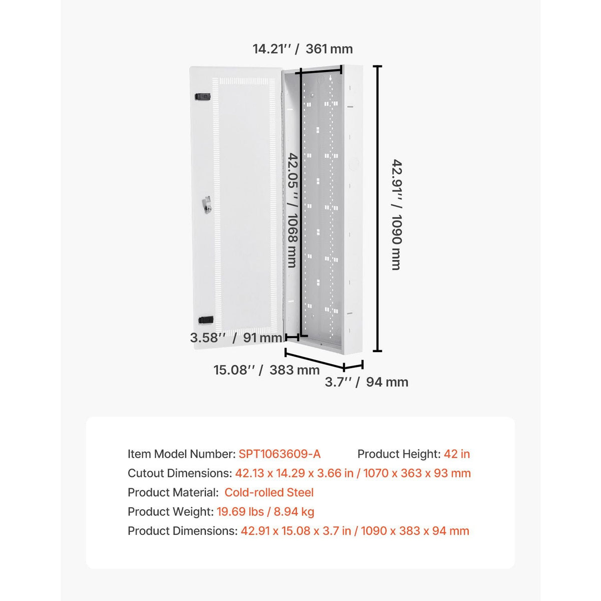 Media Enclosure, 42-Inch, Structured Media Center with Vented Hinged Door, Cable Management Box, Structured Wiring Multi-Media Cabinet, Recessed Electrical Media Box, for Network Distribution