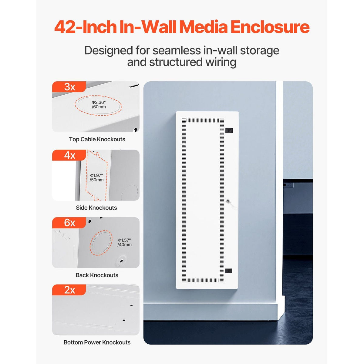 Media Enclosure, 42-Inch, Structured Media Center with Vented Hinged Door, Cable Management Box, Structured Wiring Multi-Media Cabinet, Recessed Electrical Media Box, for Network Distribution