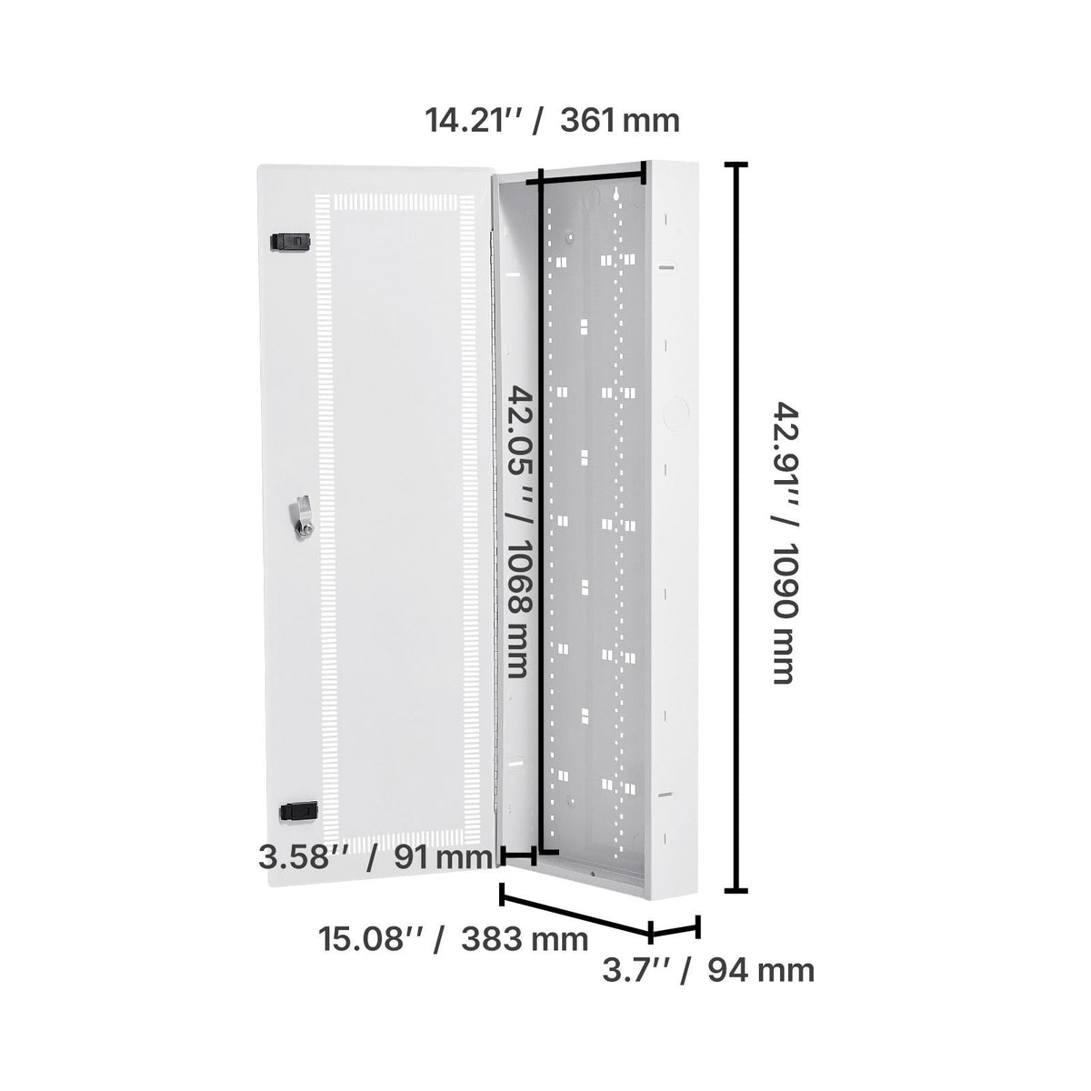 Media Enclosure, 42-Inch, Structured Media Center with Vented Hinged Door, Cable Management Box, Structured Wiring Multi-Media Cabinet, Recessed Electrical Media Box, for Network Distribution