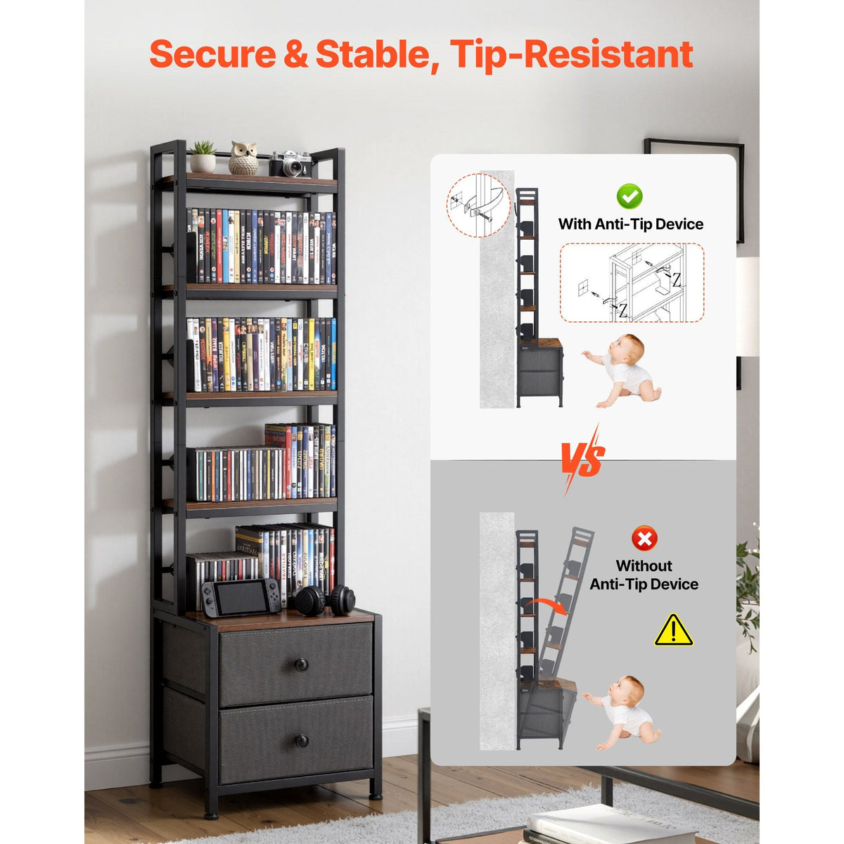 Media Storage Cabinet, 4-Shelf DVD Shelf Organizer with Drawers, 15.75 x 11.81 x 56.50 in Multimedia Storage Organizer for CDs, DVDs, Books and Games, CD Cabinet for Living Room, Home Office