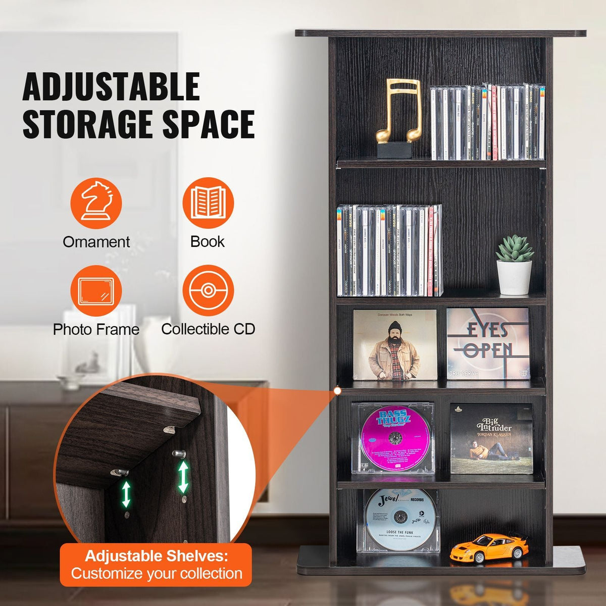 Media Storage Cabinet, 5-layer DVD Shelf Holds up to 240 CDs, Adjustable CD Shelves, Protects & Organizes Music, Movie, Video Games or Memorabilia Collections, Espresso