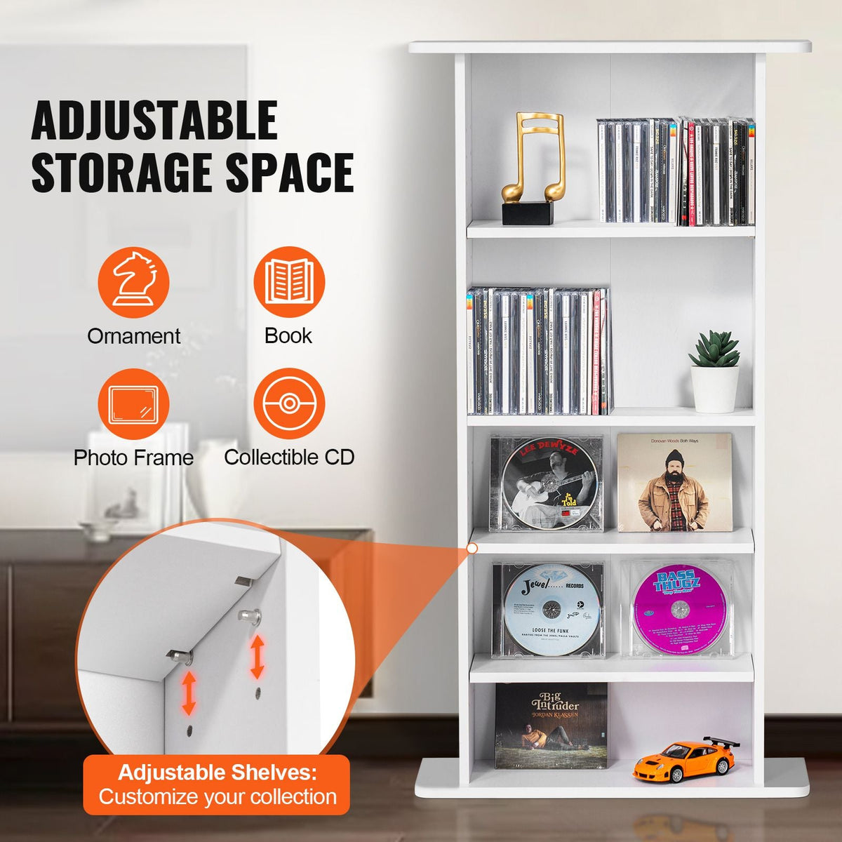Media Storage Cabinet, 5-layer DVD Shelf Holds up to 240 CDs, Adjustable CD Shelves, Protects & Organizes Music, Movie, Video Games or Memorabilia Collections, White
