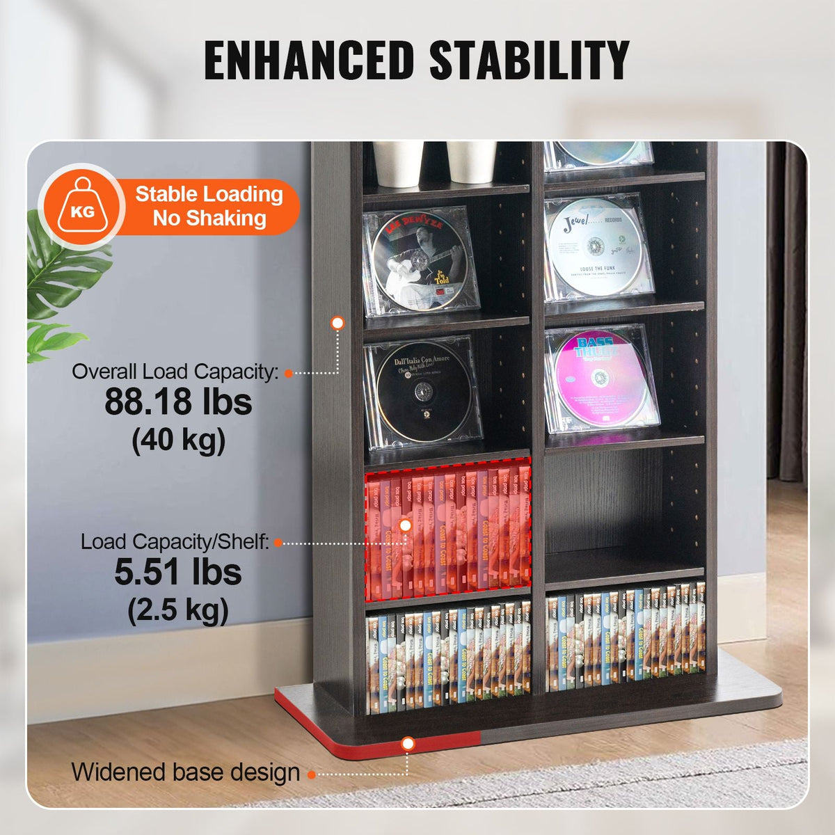 Media Storage Cabinet, 8-layer DVD Shelf Holds up to 464 CDs, Adjustable CD Shelves 16 Compartments, Protects & Organizes Music, Movie, Video Games or Memorabilia Collections, Espresso