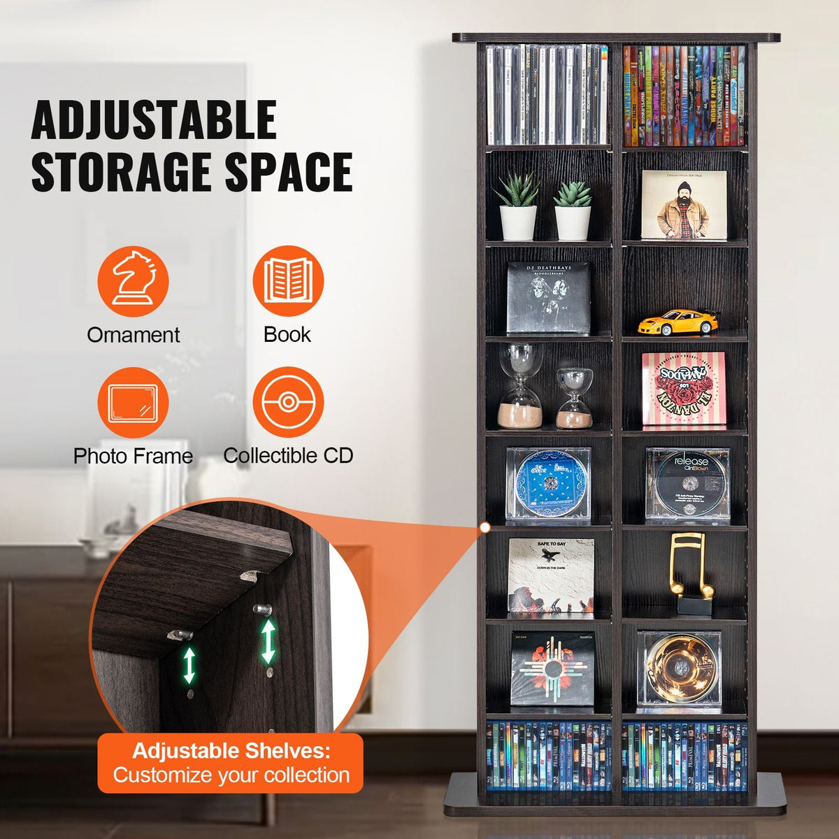 Media Storage Cabinet, 8-layer DVD Shelf Holds up to 464 CDs, Adjustable CD Shelves 16 Compartments, Protects & Organizes Music, Movie, Video Games or Memorabilia Collections, Espresso