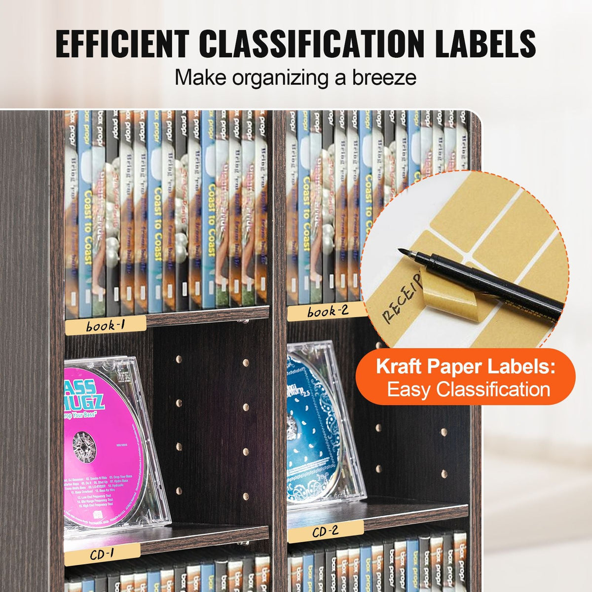 Media Storage Cabinet, 8-layer DVD Shelf Holds up to 464 CDs, Adjustable CD Shelves 16 Compartments, Protects & Organizes Music, Movie, Video Games or Memorabilia Collections, Espresso