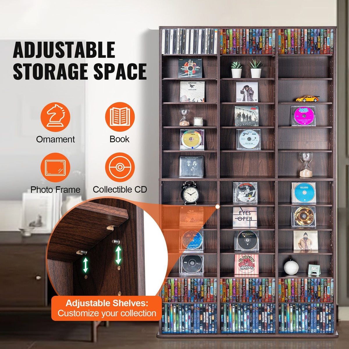 Media Storage Cabinet, Adjustable DVD Cabinet, CD Storage Holds up to 1080 CDs, Protects & Organizes Music, Movie, Video Games or Memorabilia Collections-Espresso