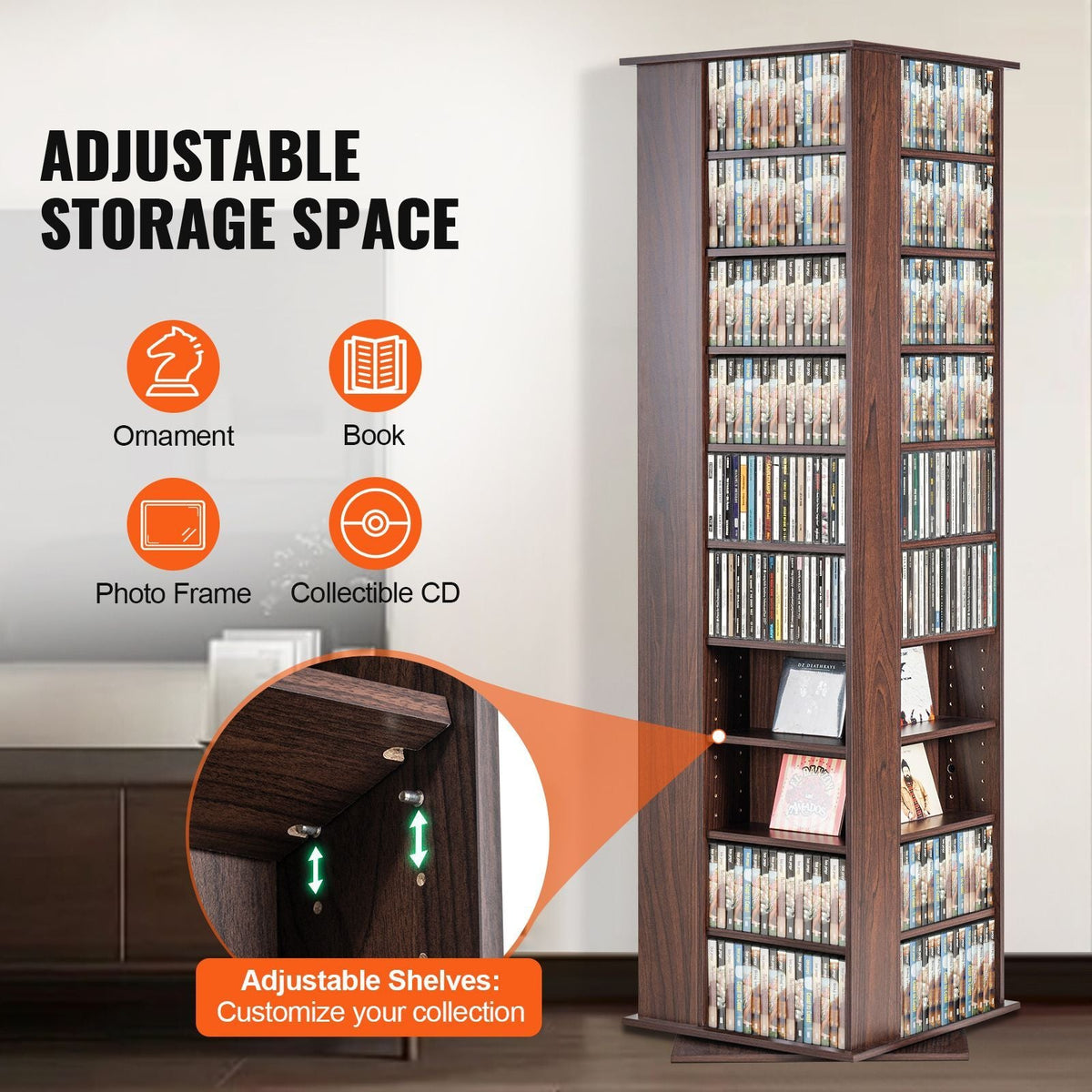 Media Storage Cabinet, Rotating Media Tower, Holds up to 1040 CDs, Protects & Organizes Music, Movie, Video Games or Memorabilia Collections- Espresso