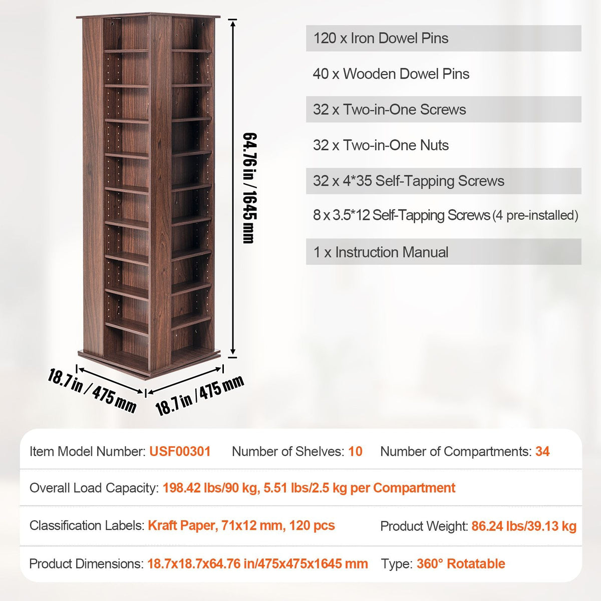 Media Storage Cabinet, Rotating Media Tower, Holds up to 1040 CDs, Protects & Organizes Music, Movie, Video Games or Memorabilia Collections- Espresso