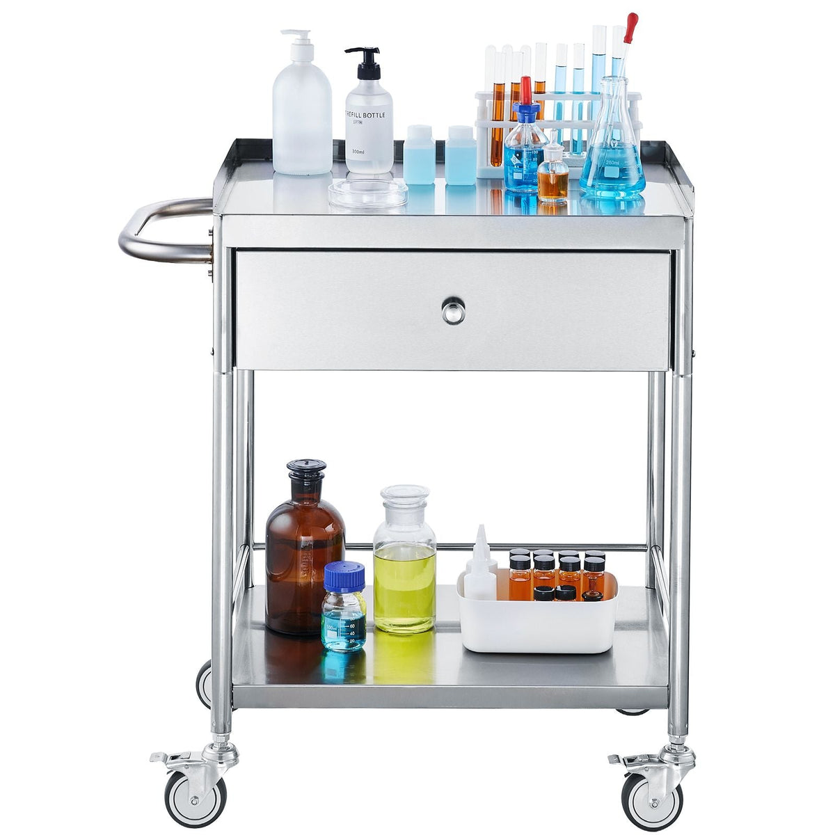 Medical Cart, 2-Layer Stainless Steel Cart 220 lbs Weight Capacity, Lab Utility Cart with 360° Silent Wheels and a Drawer for Lab, Clinic, Kitchen, Salon