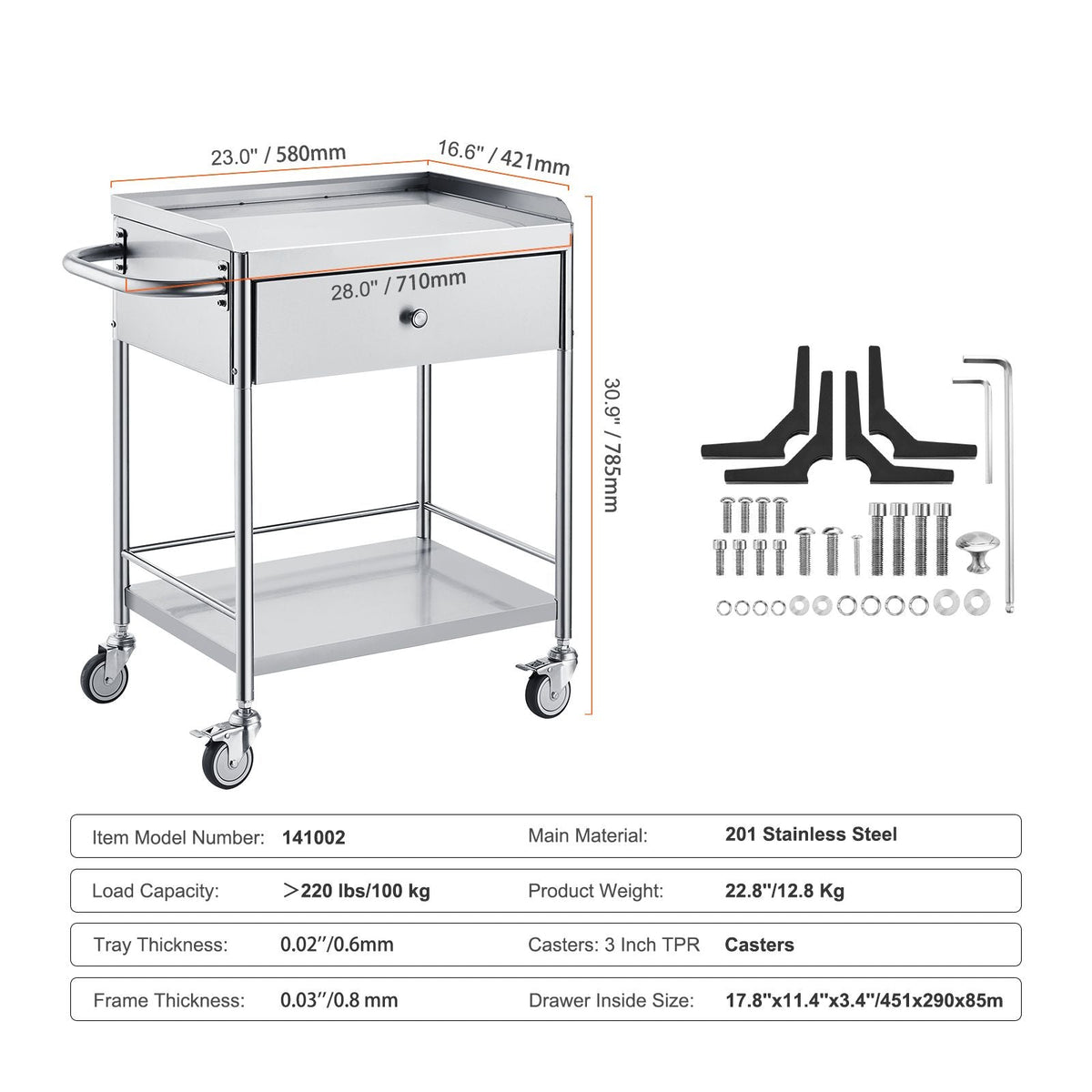 Medical Cart, 2-Layer Stainless Steel Cart 220 lbs Weight Capacity, Lab Utility Cart with 360° Silent Wheels and a Drawer for Lab, Clinic, Kitchen, Salon