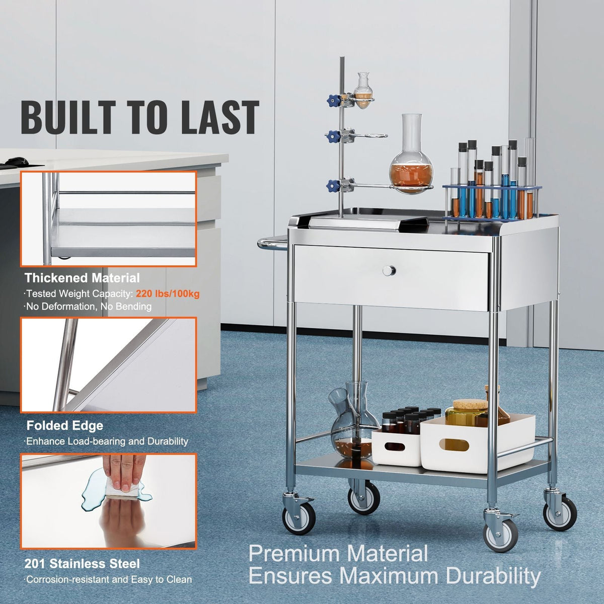 Medical Cart, 2-Layer Stainless Steel Cart 220 lbs Weight Capacity, Lab Utility Cart with 360° Silent Wheels and a Drawer for Lab, Clinic, Kitchen, Salon