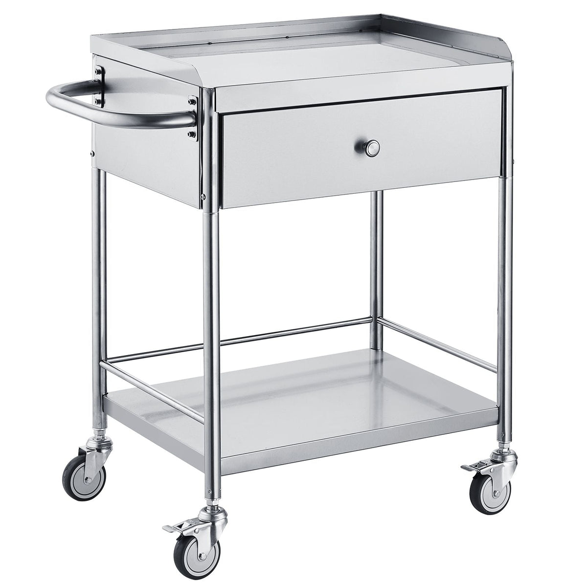 Medical Cart, 2-Layer Stainless Steel Cart 220 lbs Weight Capacity, Lab Utility Cart with 360° Silent Wheels and a Drawer for Lab, Clinic, Kitchen, Salon
