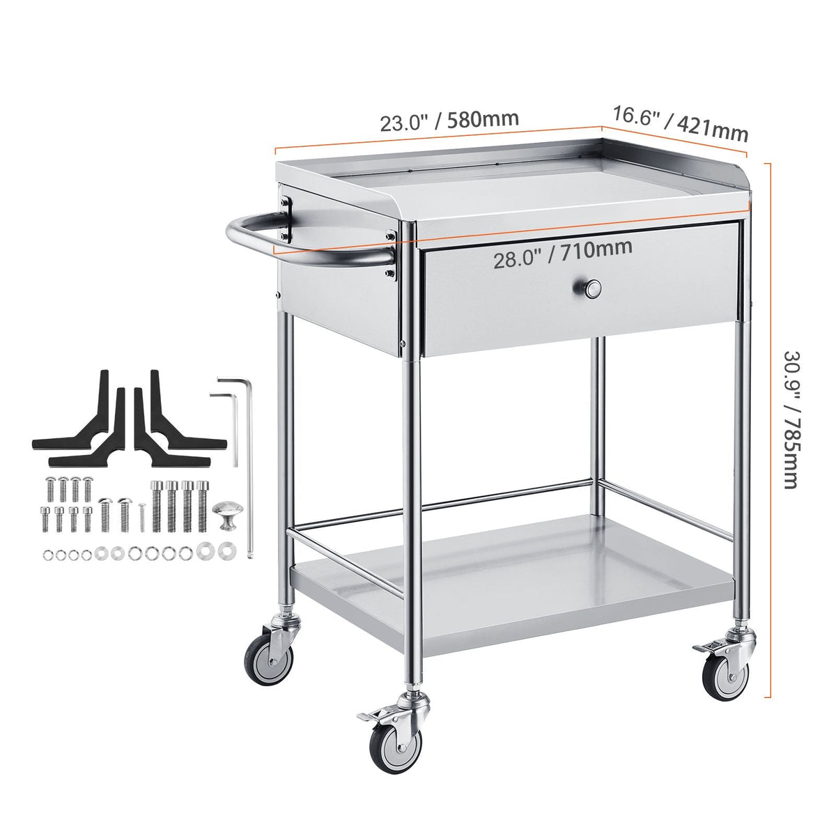 Medical Cart, 2-Layer Stainless Steel Cart 220 lbs Weight Capacity, Lab Utility Cart with 360° Silent Wheels and a Drawer for Lab, Clinic, Kitchen, Salon