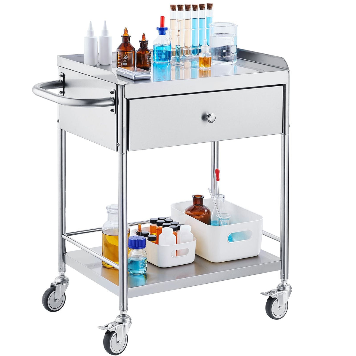 Medical Cart, 2-Layer Stainless Steel Cart 220 lbs Weight Capacity, Lab Utility Cart with 360° Silent Wheels and a Drawer for Lab, Clinic, Kitchen, Salon