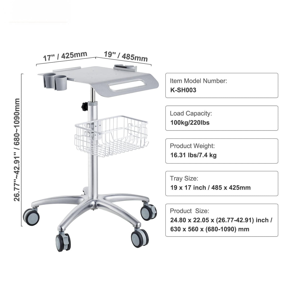 Medical Cart, Salon Cart with Wheels, Mobile Trolley Cart 26.77"-42.91" Height Adjustable, Metal Salon Stations for Hair Stylist, Rolling Desktop Lab Cart for Clinic, Beauty and Salon
