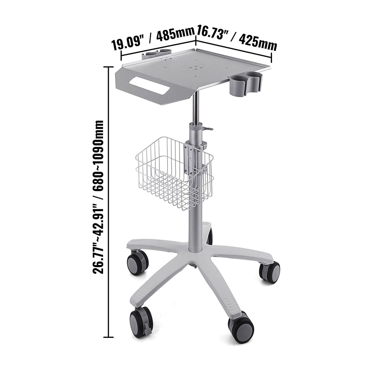 Medical Cart, Salon Cart with Wheels, Mobile Trolley Cart 26.77"-42.91" Height Adjustable, Metal Salon Stations for Hair Stylist, Rolling Desktop Lab Cart for Clinic, Beauty and Salon