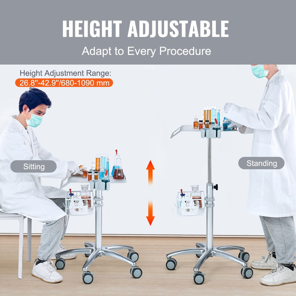 Medical Cart, Salon Cart with Wheels, Mobile Trolley Cart 26.77"-42.91" Height Adjustable, Metal Salon Stations for Hair Stylist, Rolling Desktop Lab Cart for Clinic, Beauty and Salon