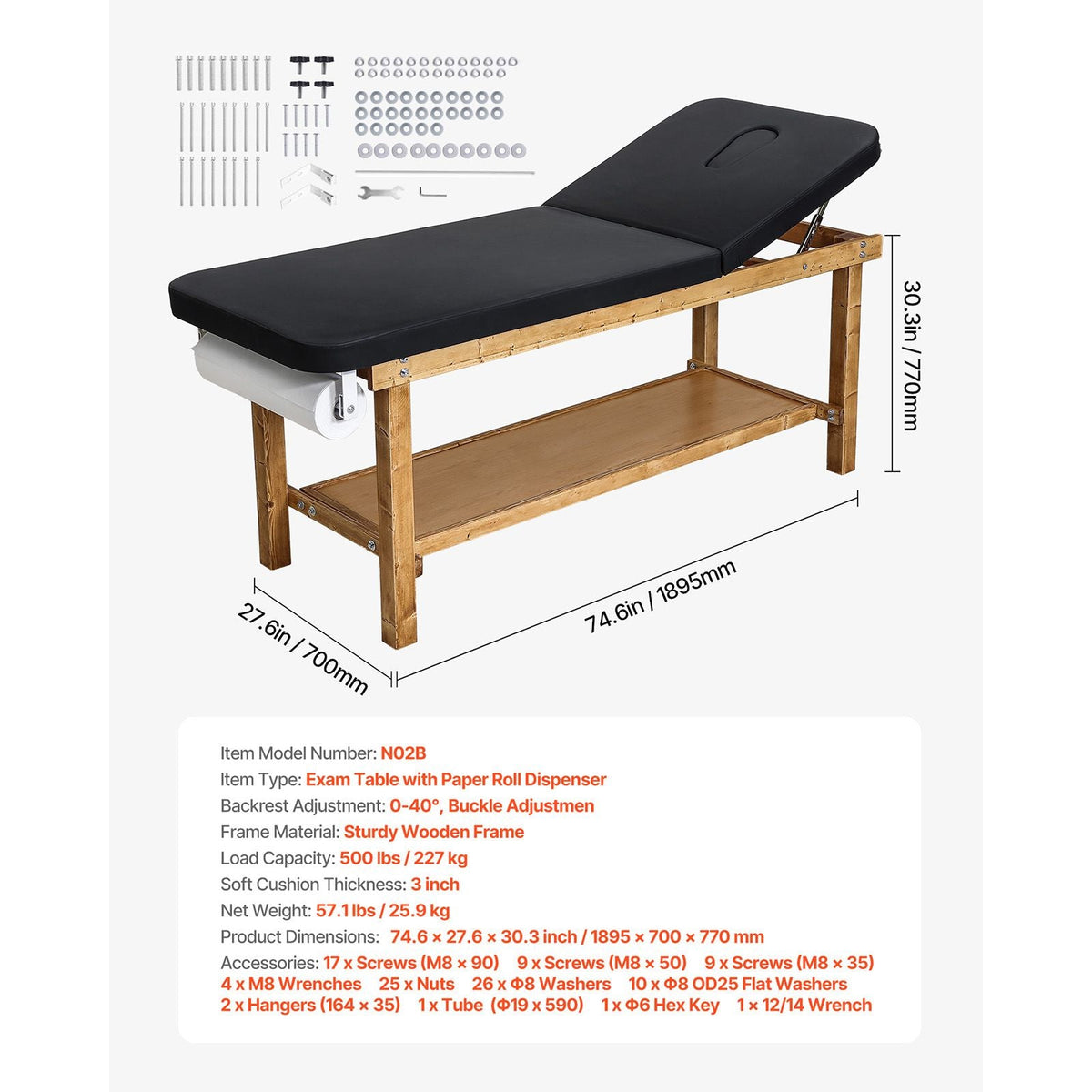 Medical Exam Table, Wooden Framed Medical Examination Bed, Physical Therapy Exam Table with Adjustable Backrest, Storage Shelf & Paper Roll Dispenser for Hospitals Clinics Rehab Centers, 500LBS