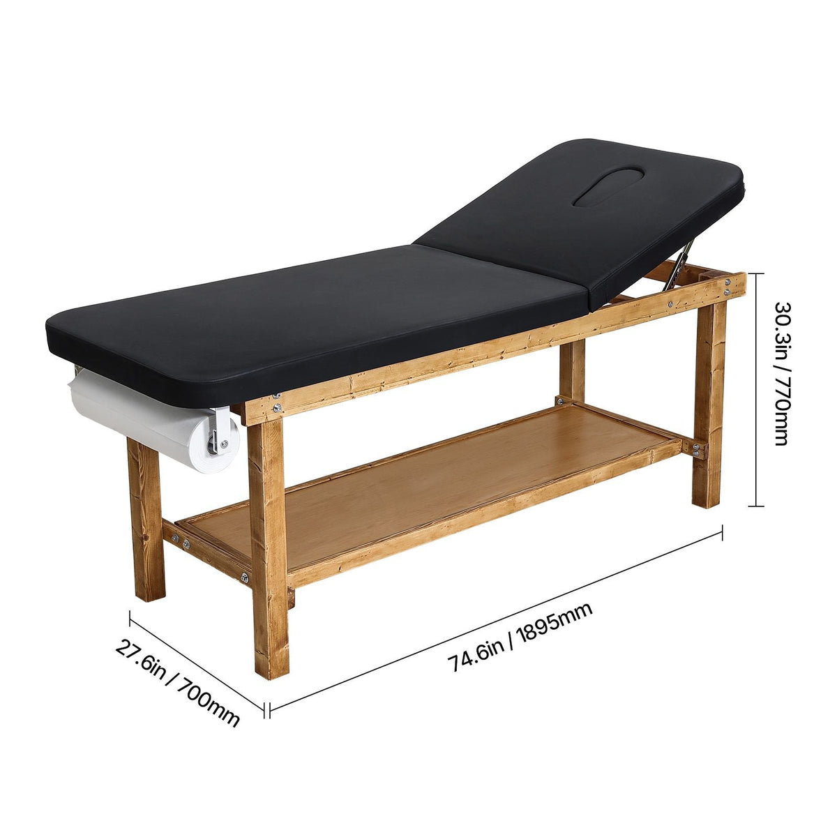 Medical Exam Table, Wooden Framed Medical Examination Bed, Physical Therapy Exam Table with Adjustable Backrest, Storage Shelf & Paper Roll Dispenser for Hospitals Clinics Rehab Centers, 500LBS