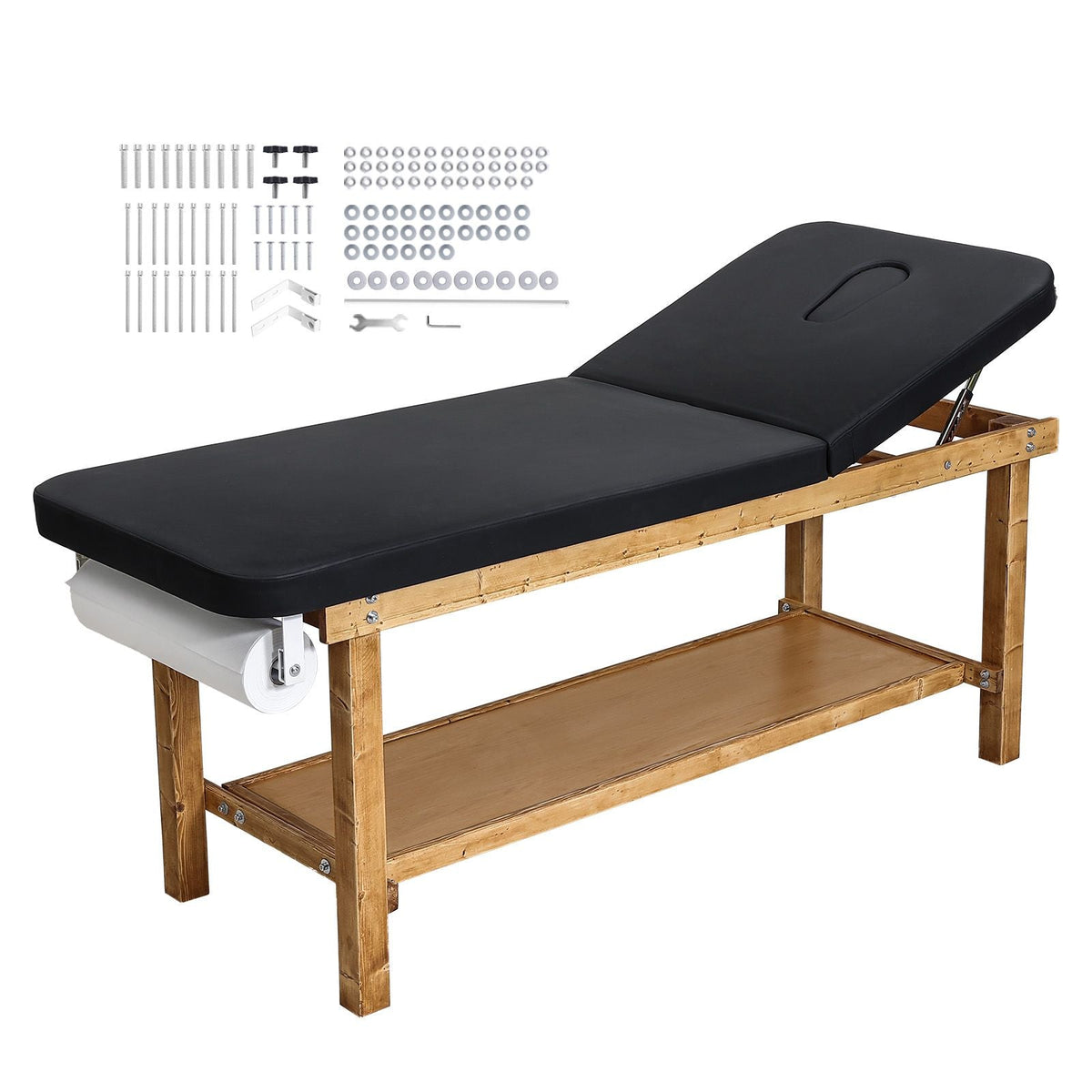 Medical Exam Table, Wooden Framed Medical Examination Bed, Physical Therapy Exam Table with Adjustable Backrest, Storage Shelf & Paper Roll Dispenser for Hospitals Clinics Rehab Centers, 500LBS