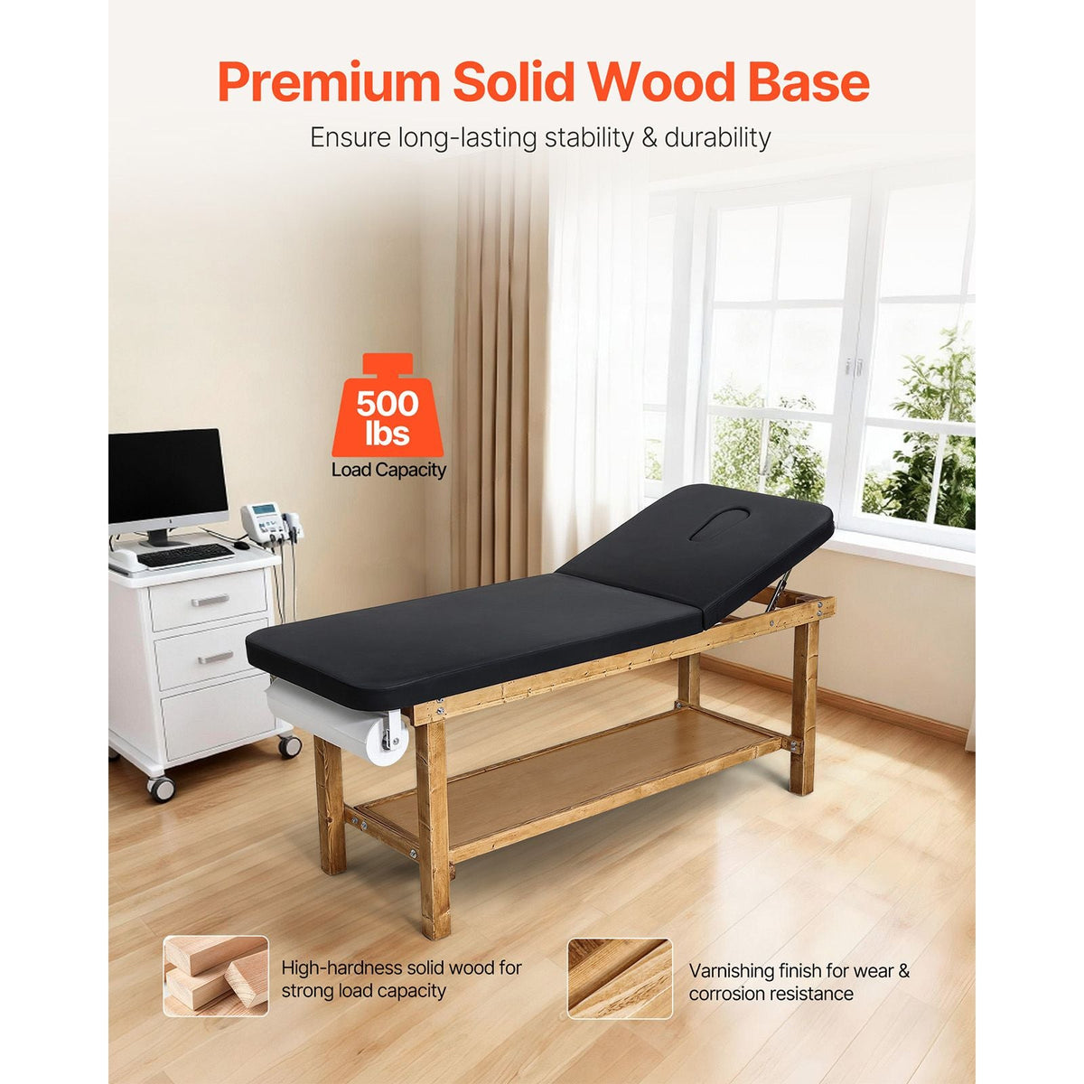 Medical Exam Table, Wooden Framed Medical Examination Bed, Physical Therapy Exam Table with Adjustable Backrest, Storage Shelf & Paper Roll Dispenser for Hospitals Clinics Rehab Centers, 500LBS