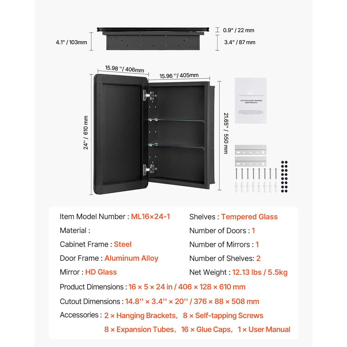 Medicine Cabinet, 16 x 24 inch, Medicine Cabinet for Bathroom with Mirror, Aluminum Frame Bathroom Wall Cabinet, 2-layer Adjustable Shelves, Recessed & Wall-mounted Installation