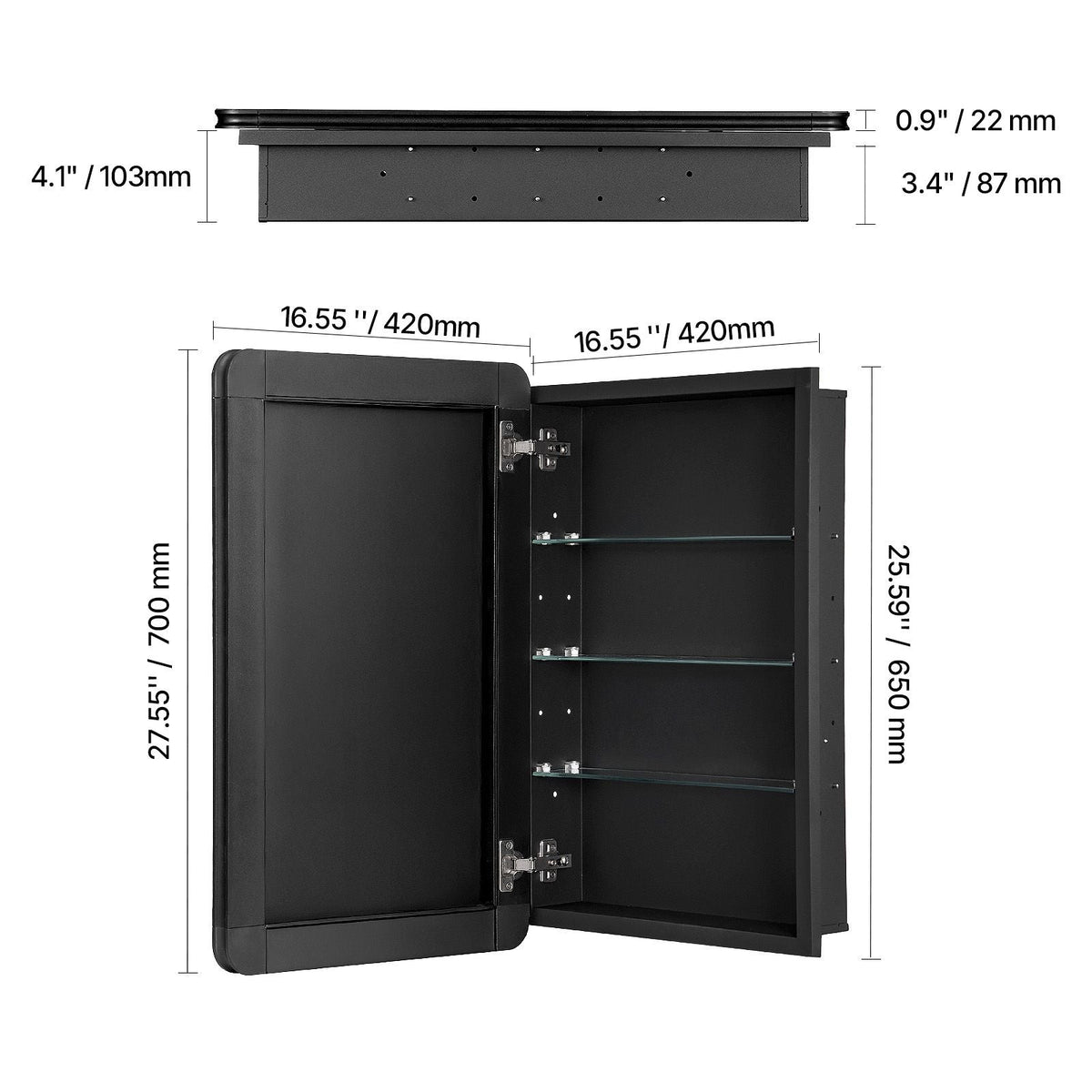 Medicine Cabinet, 16.5 x 27.5 inch, Medicine Cabinet for Bathroom with Mirror, Aluminum Frame Bathroom Wall Cabinet, 3-layer Adjustable Shelves, Recessed & Wall-mounted Installation