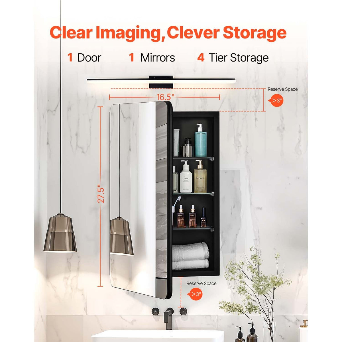 Medicine Cabinet, 16.5 x 27.5 inch, Medicine Cabinet for Bathroom with Mirror, Aluminum Frame Bathroom Wall Cabinet, 3-layer Adjustable Shelves, Recessed & Wall-mounted Installation