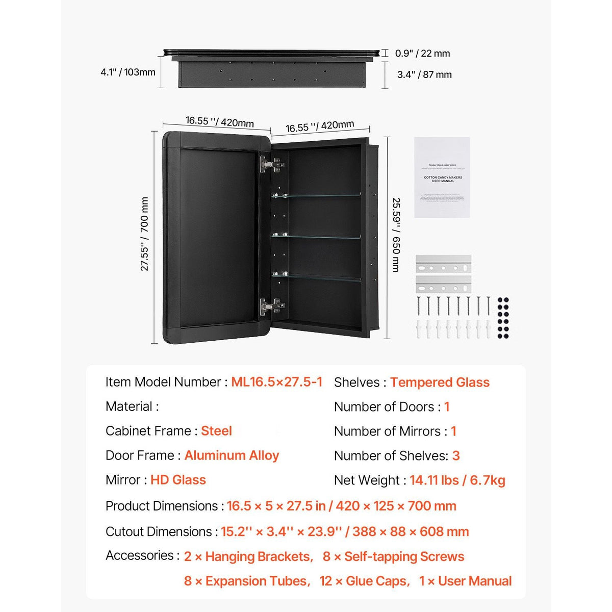 Medicine Cabinet, 16.5 x 27.5 inch, Medicine Cabinet for Bathroom with Mirror, Aluminum Frame Bathroom Wall Cabinet, 3-layer Adjustable Shelves, Recessed & Wall-mounted Installation