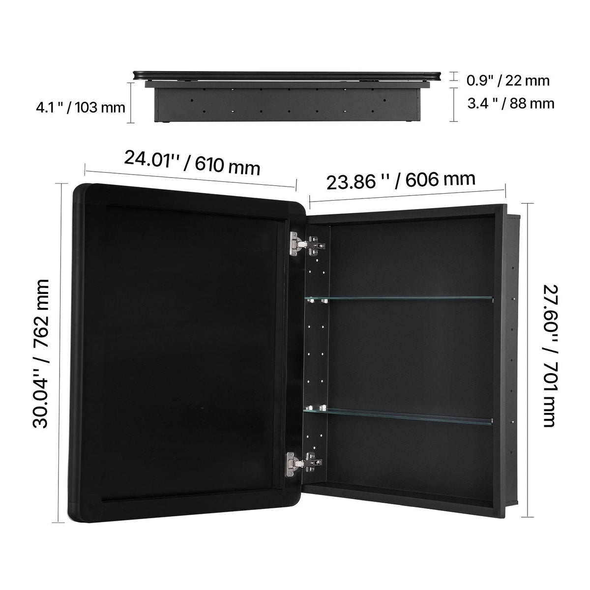 Medicine Cabinet, 24 x 30 inch, Medicine Cabinet for Bathroom with Mirror, Aluminum Frame Bathroom Wall Cabinet, 2-layer Adjustable Shelves, Recessed & Wall-mounted Installation