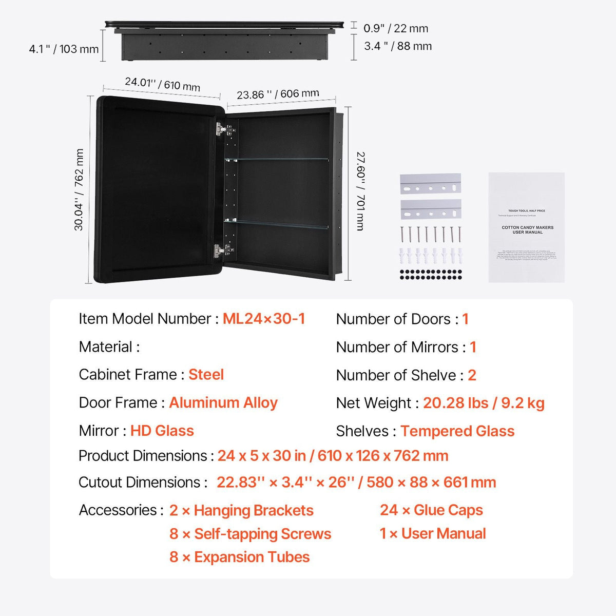 Medicine Cabinet, 24 x 30 inch, Medicine Cabinet for Bathroom with Mirror, Aluminum Frame Bathroom Wall Cabinet, 2-layer Adjustable Shelves, Recessed & Wall-mounted Installation