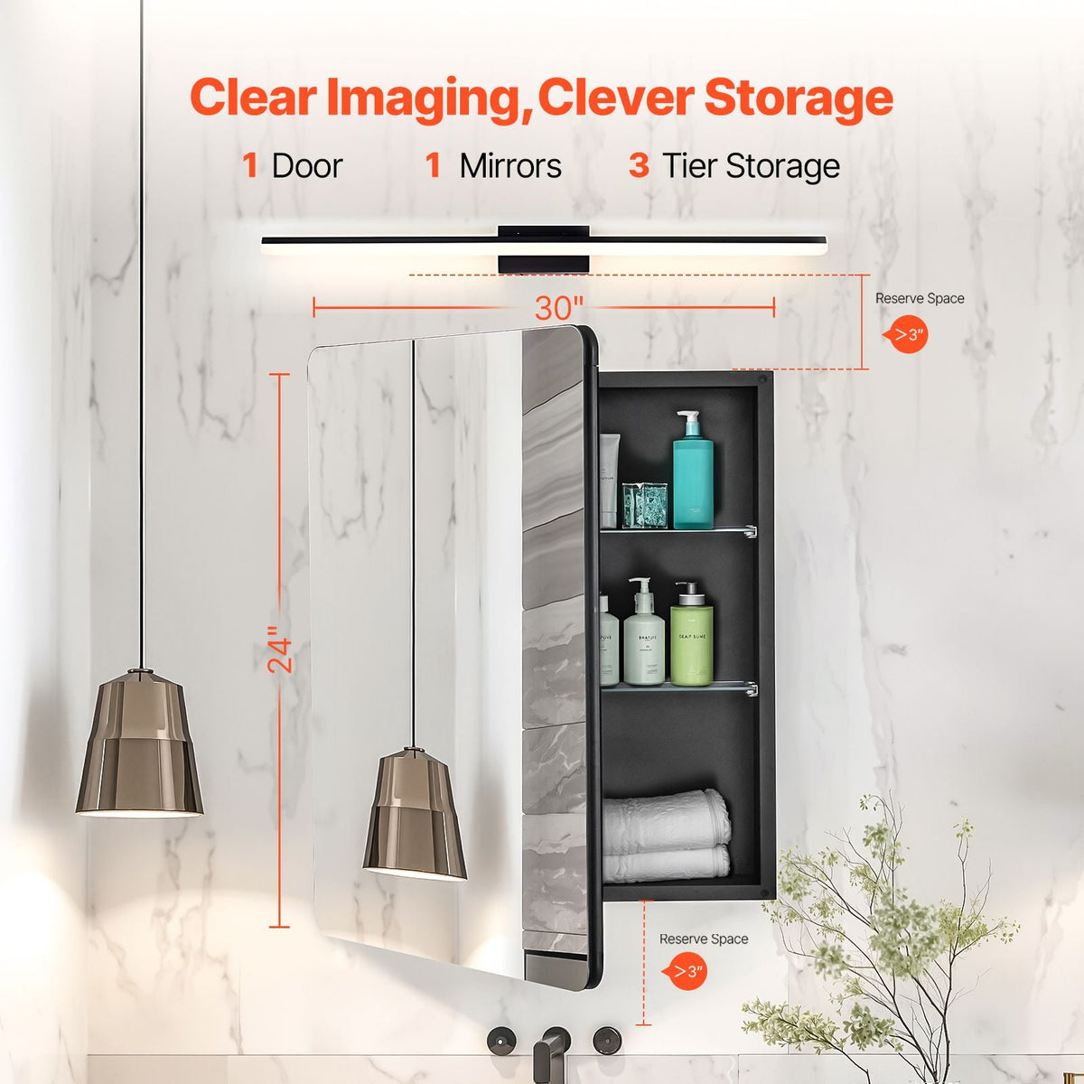 Medicine Cabinet, 24 x 30 inch, Medicine Cabinet for Bathroom with Mirror, Aluminum Frame Bathroom Wall Cabinet, 2-layer Adjustable Shelves, Recessed & Wall-mounted Installation