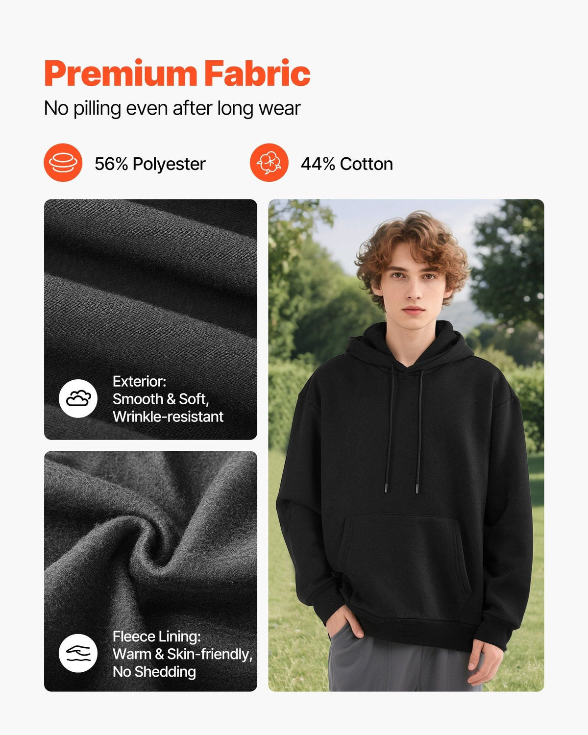 Men Pullover Hoodie, Medium Size, Fleece Long Sleeve Comfy Casual Basic Pullover Hooded Sweatshirt, Warm & Skin-friendly, Practical & Trendy, Black Hoodie with Large Pocket for Fall & Winter
